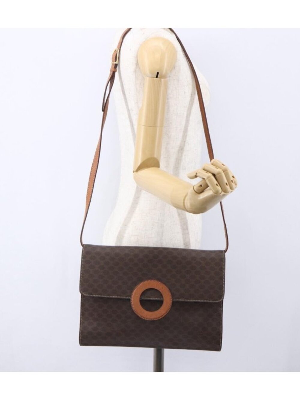 CELINE Macadam Canvas Circle Shoulder Bag PVC Leather Brown Gold - Picture 16 of 16